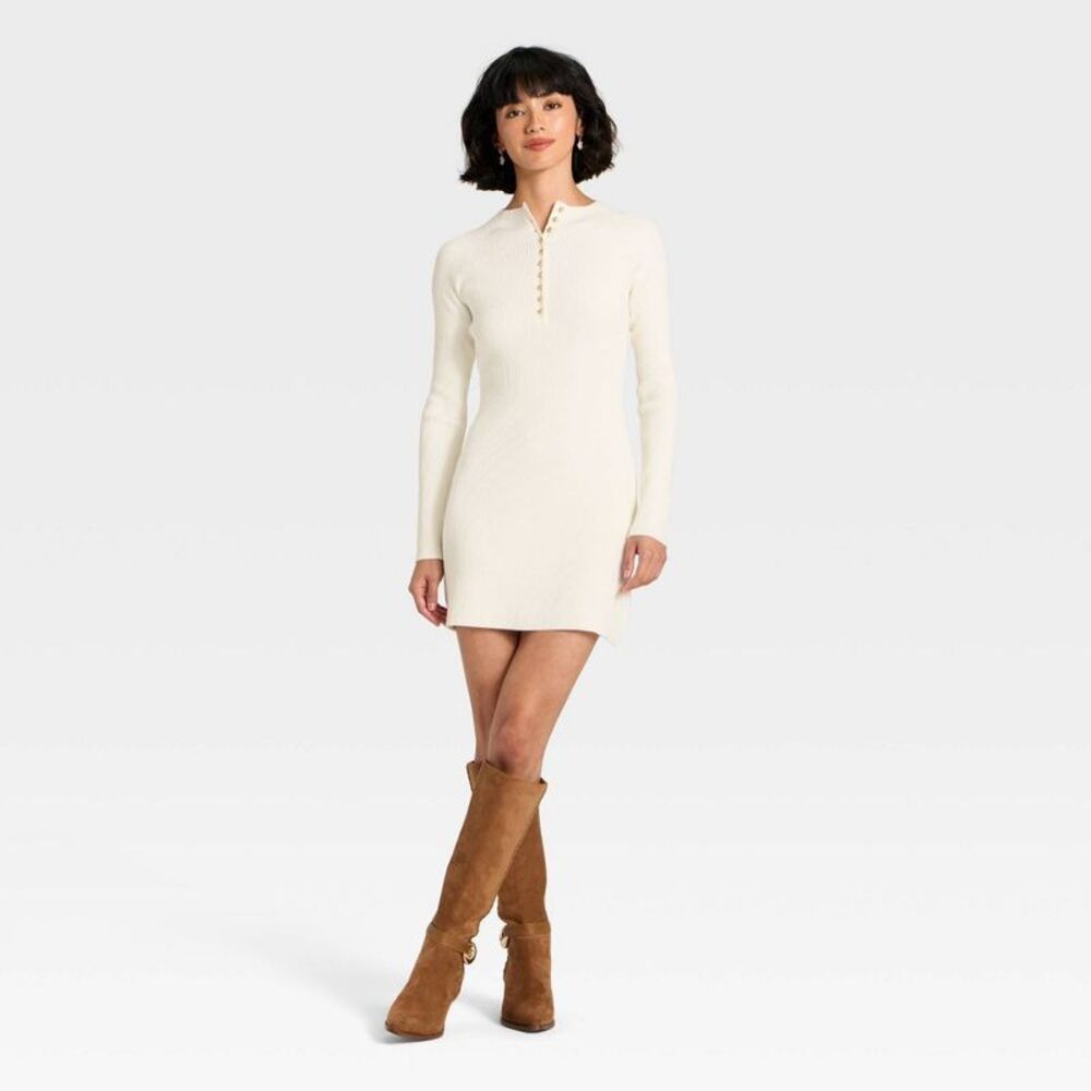 Women's Long Sleeve Mini A-Line Dress - Universal Thread Cream M - Picture 3 of 4